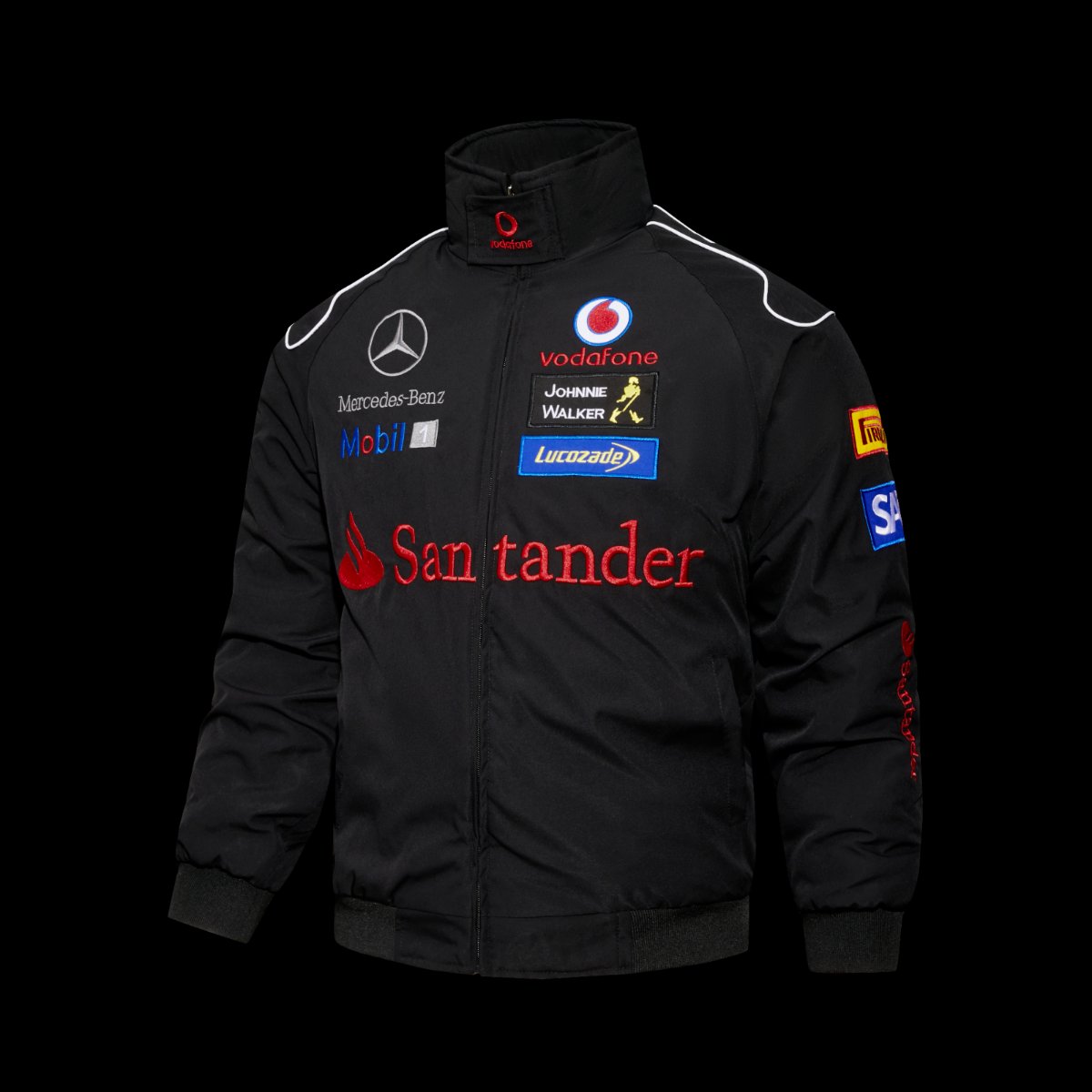 2026 F1 McLaren Mercedes-Benz Vodafone F1 Team Black Racing Jacket with Santander Mobil 1 Johnnie Walker Sponsor Patches