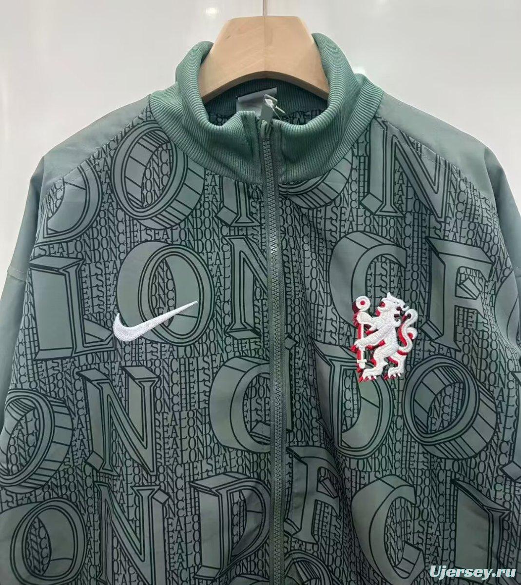 25/26 Chelsea FC Green with All-Over London Text Pattern Full Zipper Windbreaker