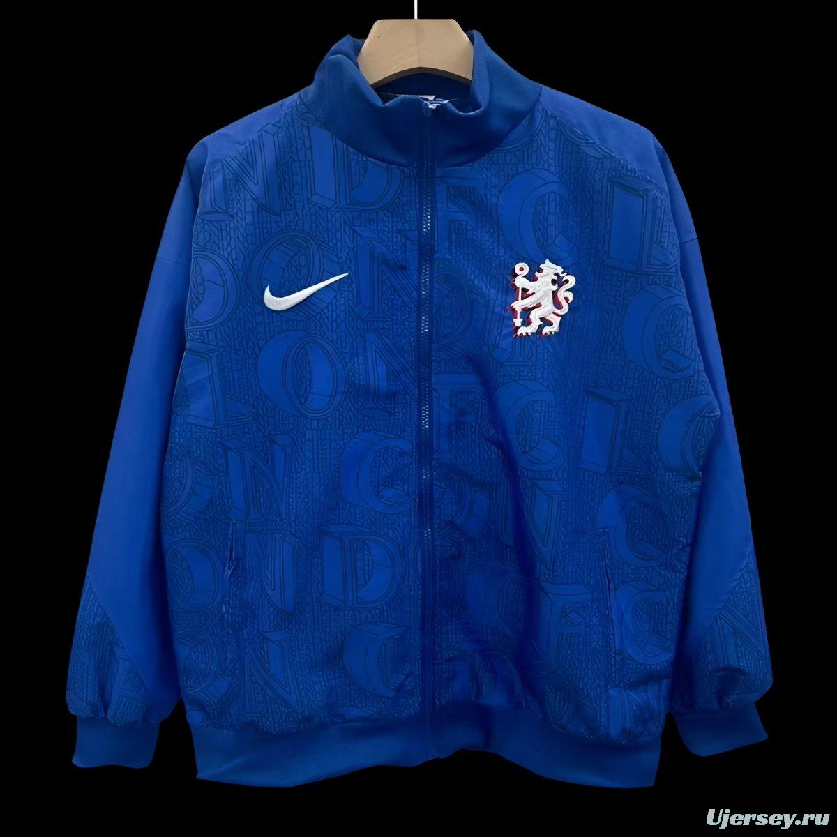25/26 Chelsea FC Blue with All-Over London Text Pattern Full Zipper Windbreaker