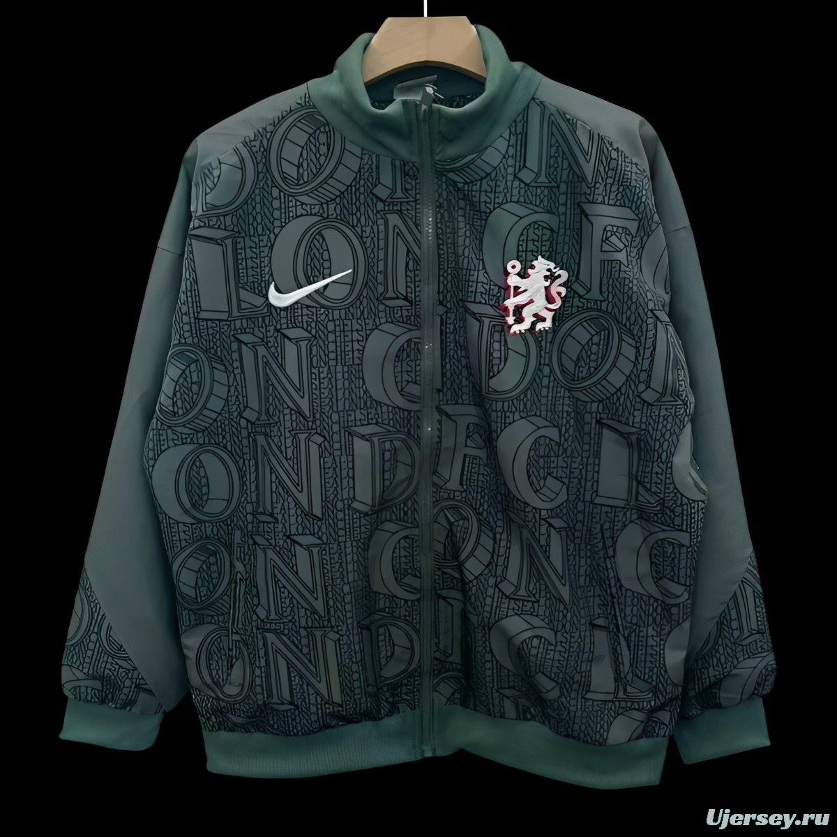 25/26 Chelsea FC Green with All-Over London Text Pattern Full Zipper Windbreaker
