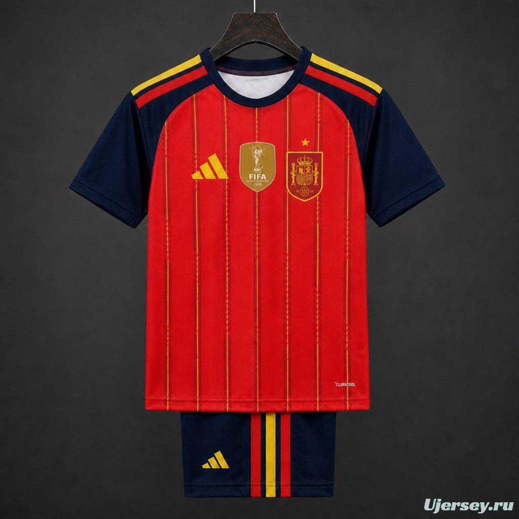 2 Star 2026 Kids Spain Home Jersey With Champion Patch